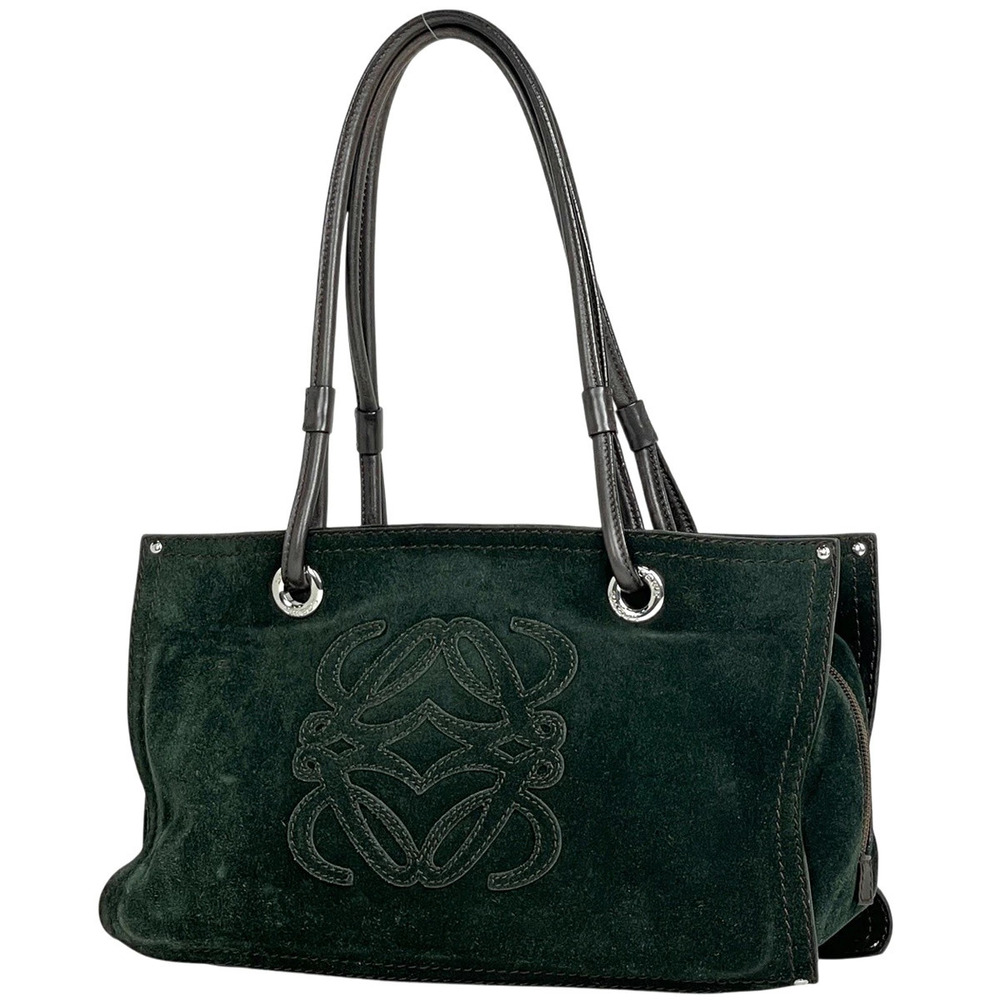 Loewe Anagram Shopper Tote Bag Suede Dark Green